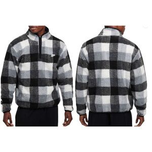 Nike Men’s Club Winterized 1/2 Zip Pullover Fleece Plaid Sherpa Black & Grey